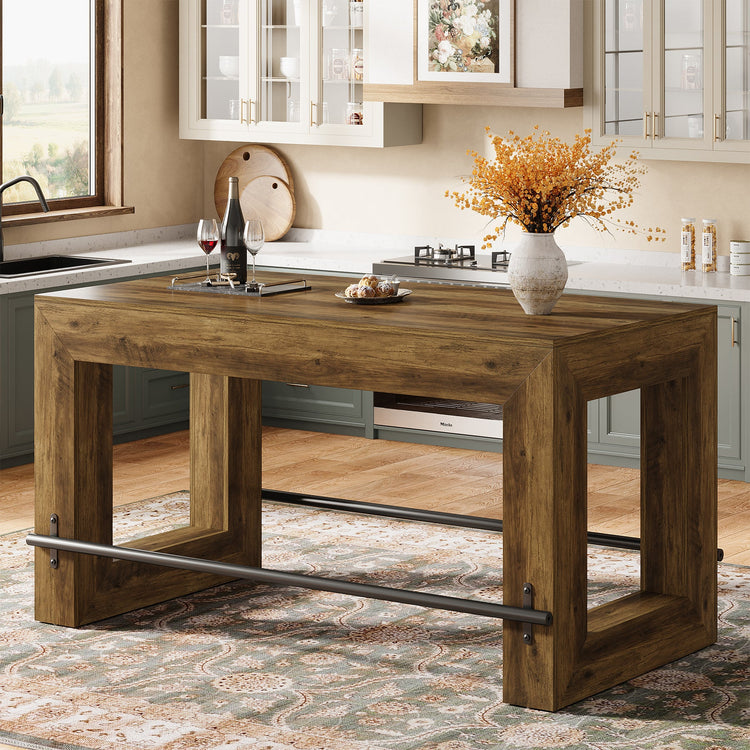 Counter Height Bar Table, 59" Pub Table With Metal Footrest For Dining Room