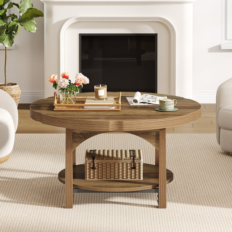 33.46" Round Coffee Table, 2-Tier Farmhouse Center Table with Storage Shelf