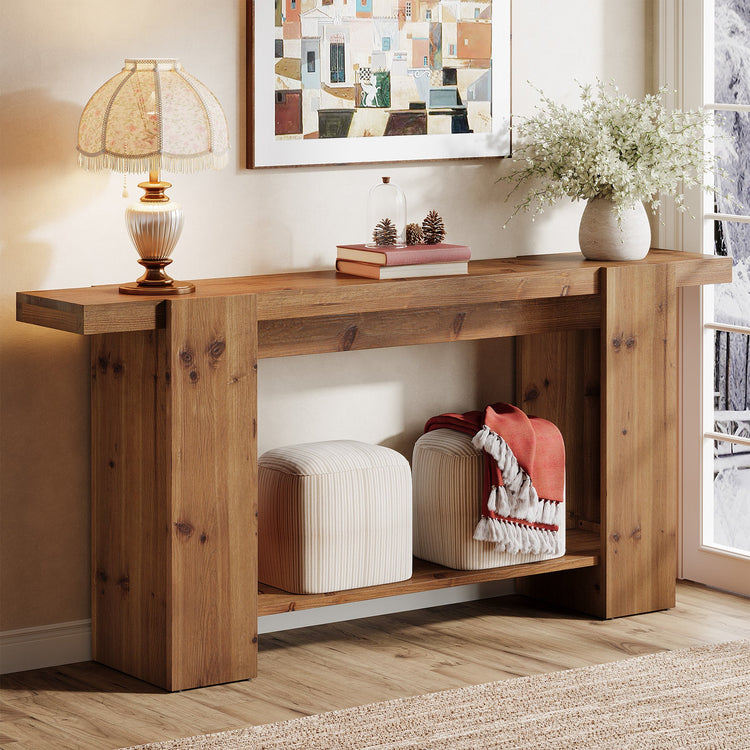 2-Tier Solid Wood Console Table, 63" Entryway Sofa Table with Storage