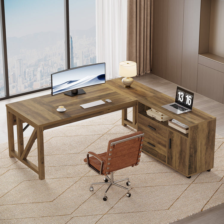 L-Shaped Executive Desk, 63" Computer Desk with Drawer Cabinet