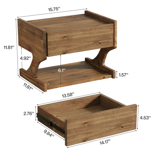15.7" Nightstand, Wood Floating Bedside Table with Drawer and Storage Shelf