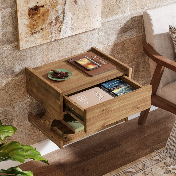 15.7" Nightstand, Wood Floating Bedside Table with Drawer and Storage Shelf