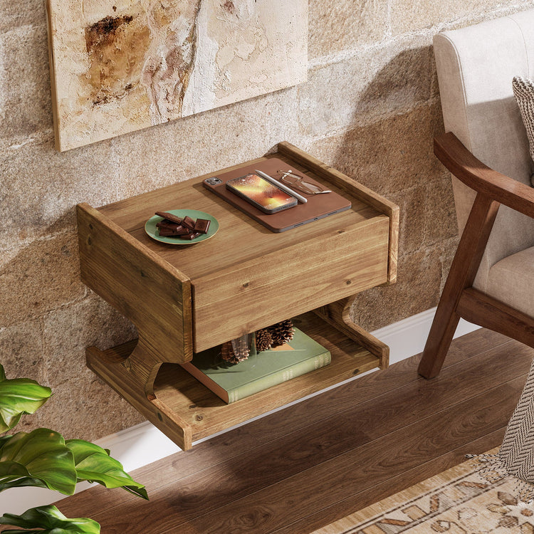 15.7" Nightstand, Wood Floating Bedside Table with Drawer and Storage Shelf