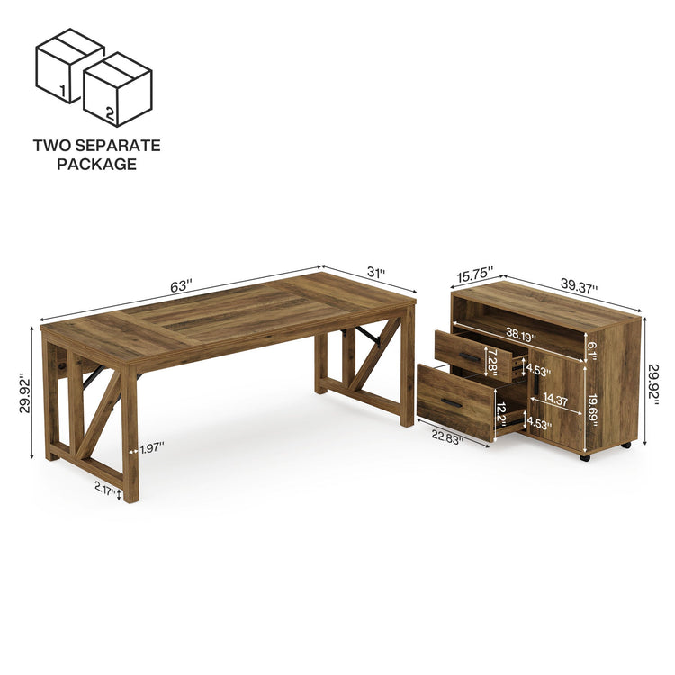 L-Shaped Executive Desk, 63" Computer Desk with Drawer Cabinet