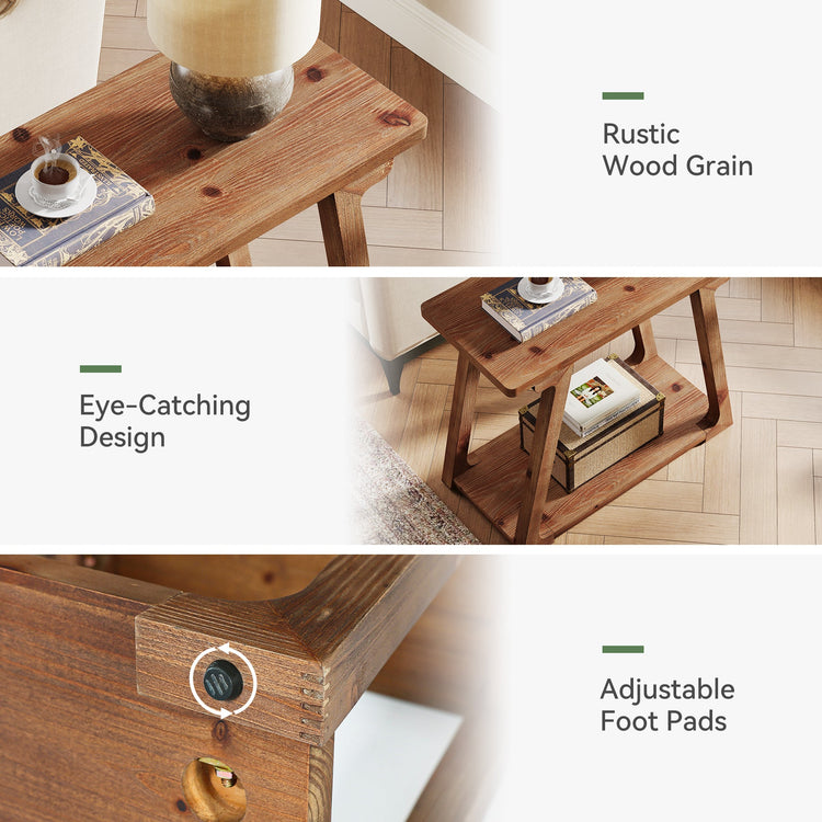 Solid Wood End Table, Narrow Side Table Nightstand with 2-Tier Storage