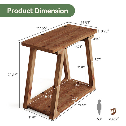 Solid Wood End Table, Narrow Side Table Nightstand with 2-Tier Storage