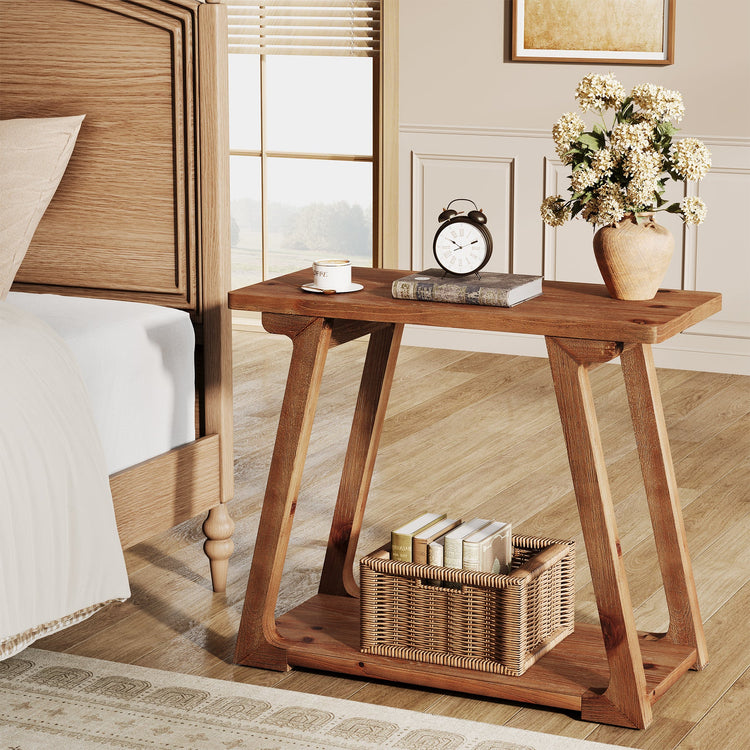 Solid Wood End Table, Narrow Side Table Nightstand with 2-Tier Storage
