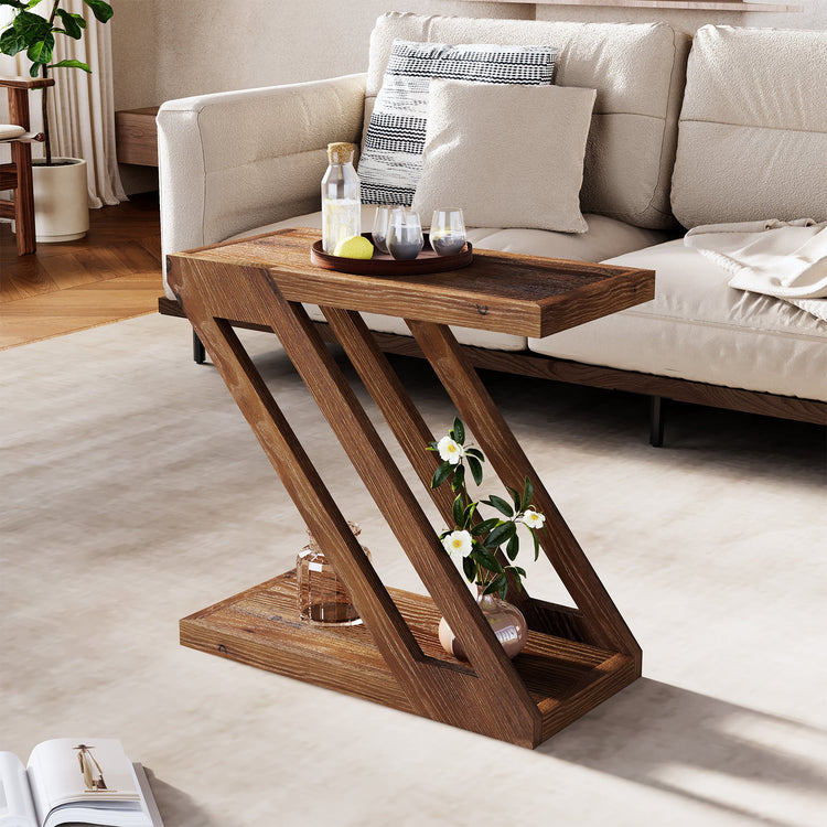 Solid Wood End Table, Z-Shaped Side Table with 2-Tier Storage