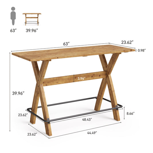 63" Bar Table, Solid Wood Counter Height Coffee Bar Cocktail Table