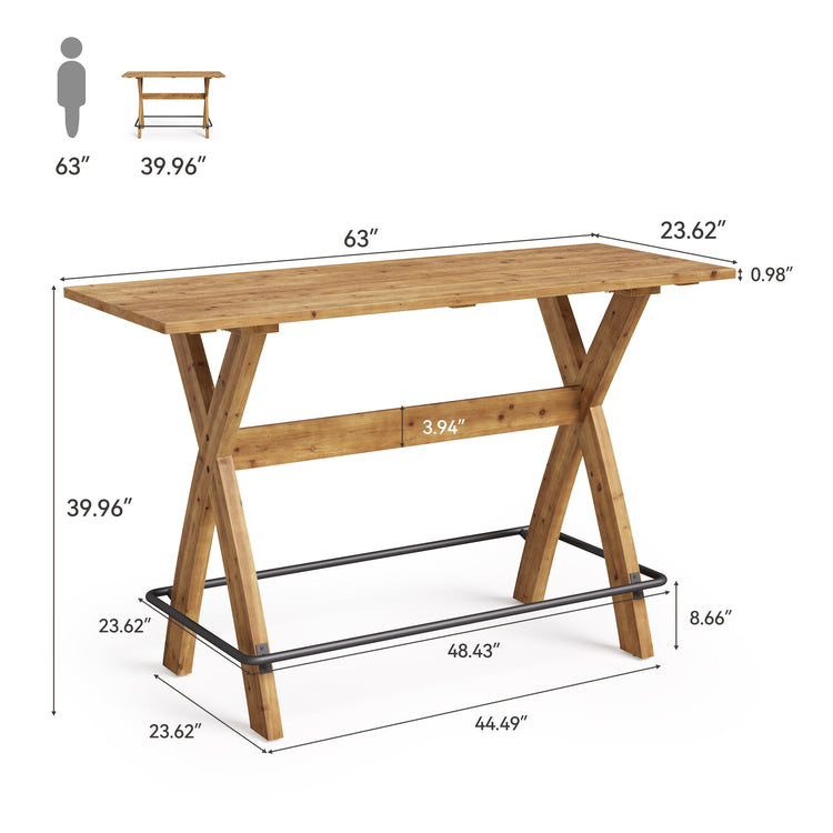 63" Bar Table, Solid Wood Counter Height Coffee Bar Cocktail Table