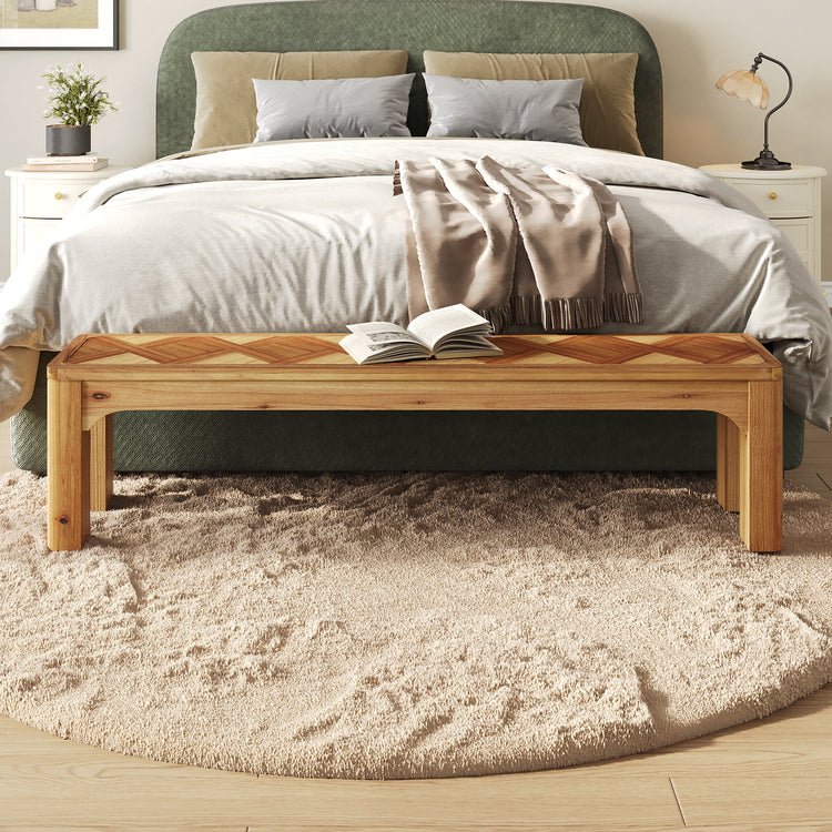 Solid Wood Shoe Bench, 63" Long Entryway Bench with 3D Textured Tabletop