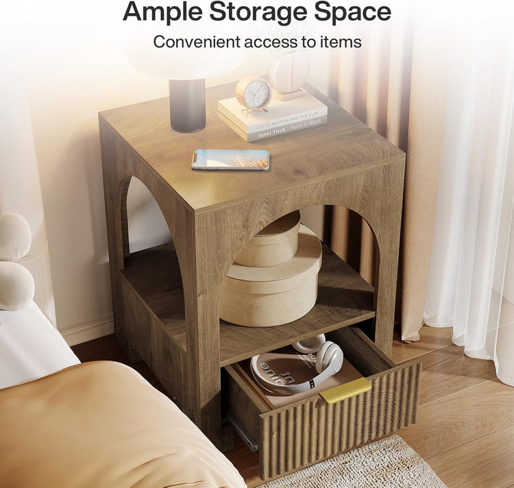 19.6" Nightstand with Drawer, 2-Tier Wood Farmhouse Bedside Table with Open Shelf