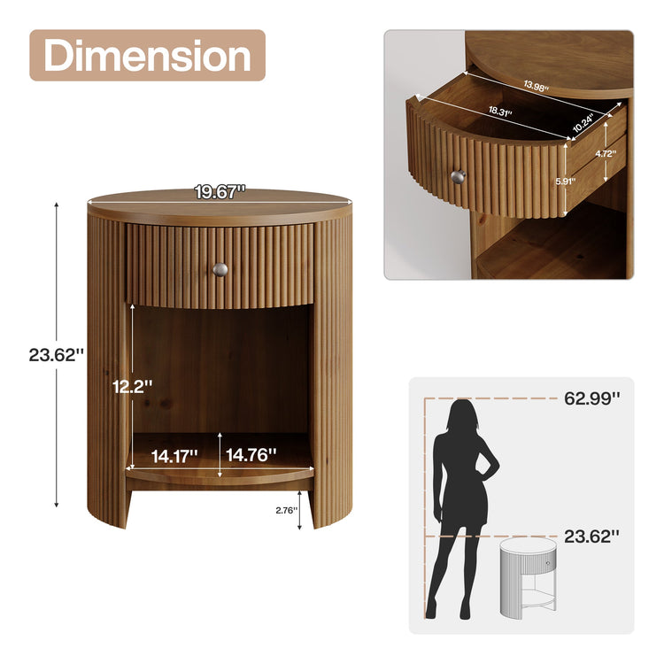 19.6" Side Table, Modern Fluted End Table Nightstand with Drawer