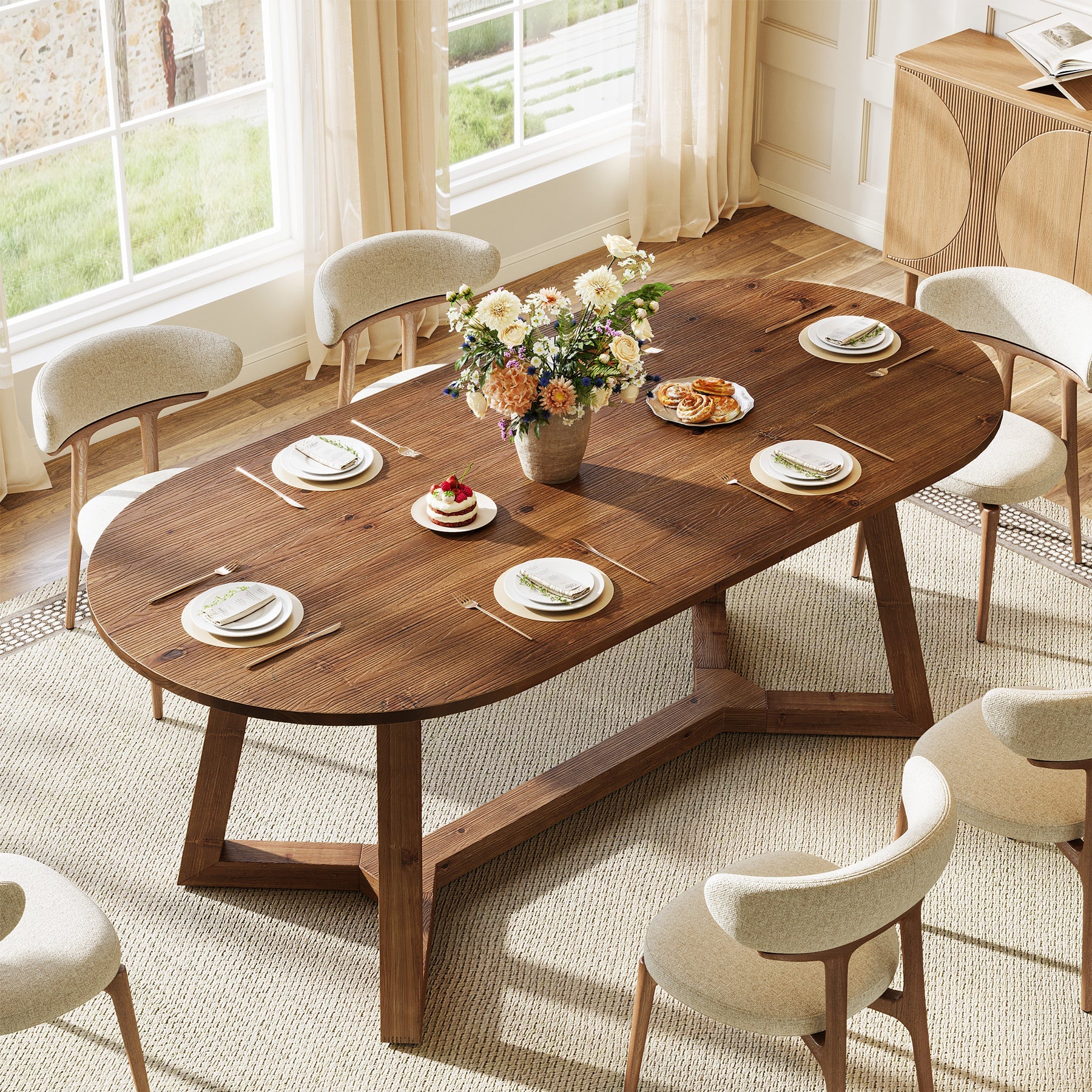 Solid Wood Oval Dining Table, 63" Kitchen Table with Tapered Legs ...