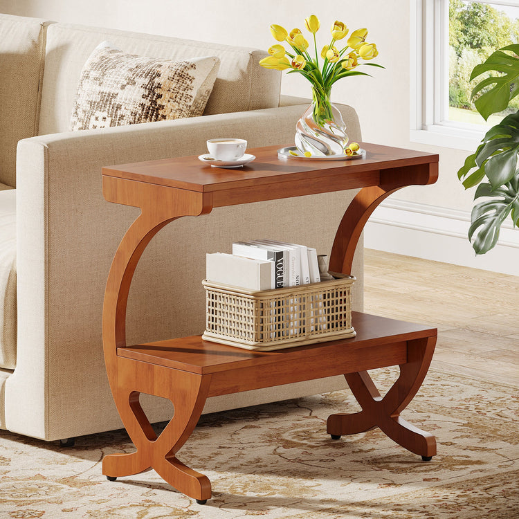 Solid Wood End Table, Narrow 2-Tier Side Table with Storage Shelf