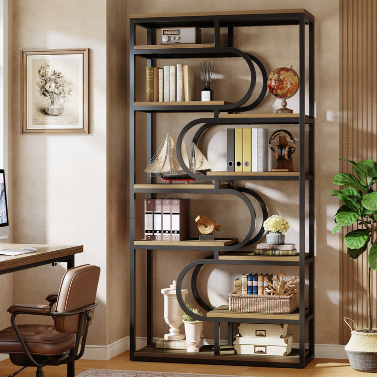 71" Bookshelf, Industrial Etagere Bookcase with Open Storage Shelves