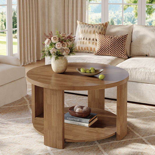 2-Tier Round Coffee Table, 31.5" Circle Accent Center Table with Thick Tabletop