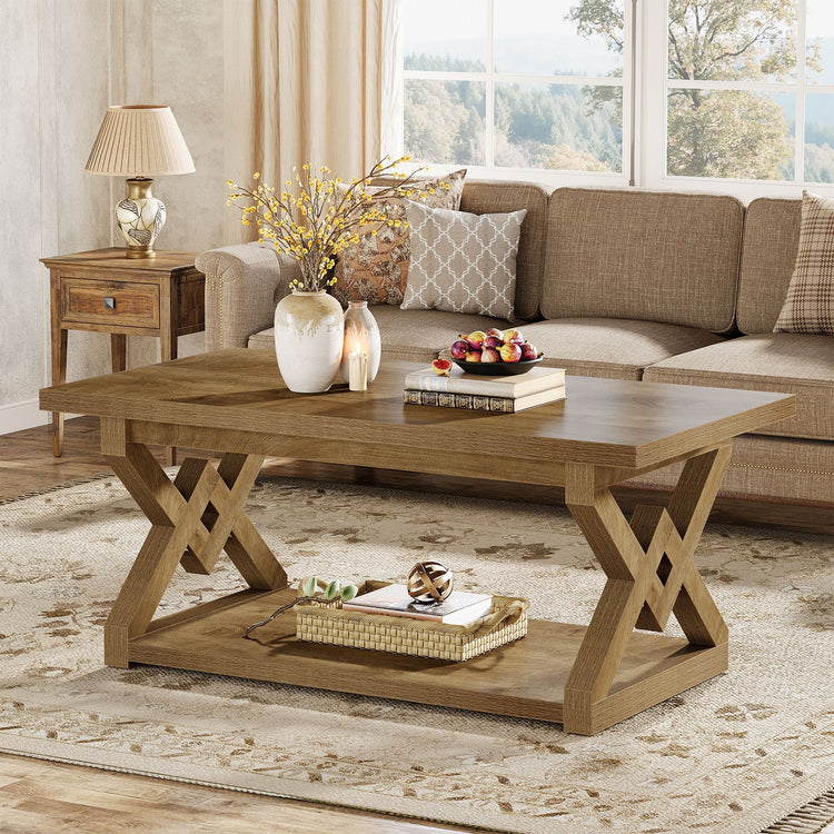 2-Tier Coffee Table, 47.24" Rectangle Center Tea Table with Open Shelves