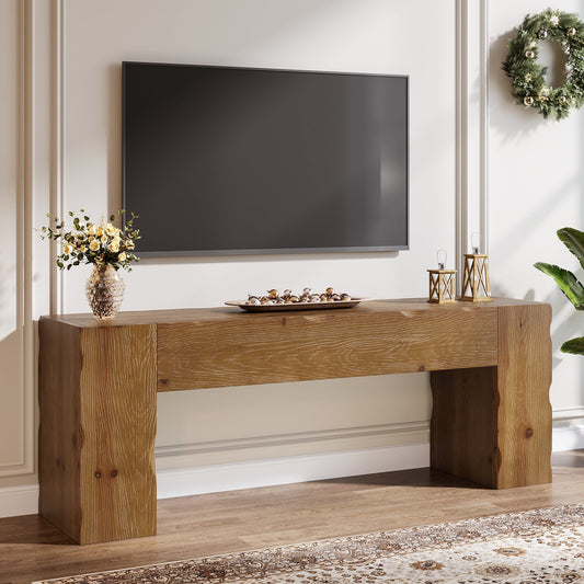 Solid Wood TV Stand for 65" TV, 63" Media Console with Hand Carved Wave Texture