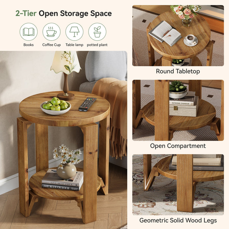 Solid Wood End Table, 2-Tier Round Sofa Side Table Nightstand with Storage
