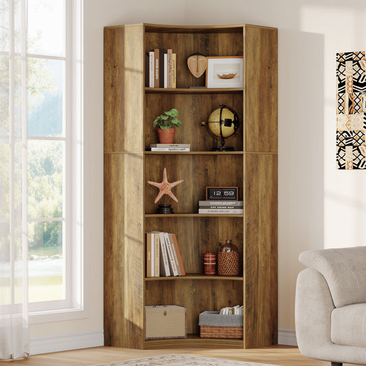 6-Tier Corner Bookshelf, 70.9" Tall Corner Bookcase with Curved Edges