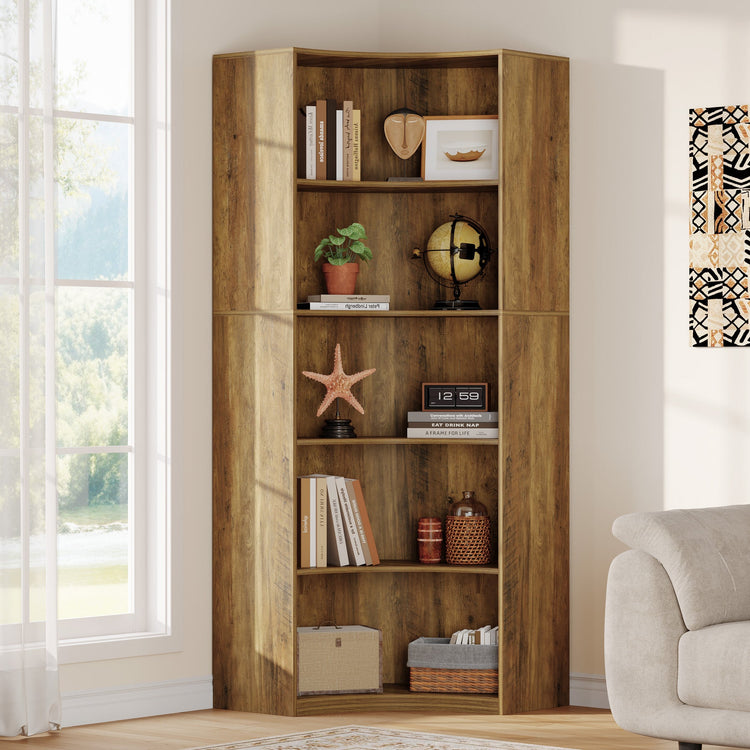 6-Tier Corner Bookshelf, 70.9" Tall Corner Bookcase with Curved Edges