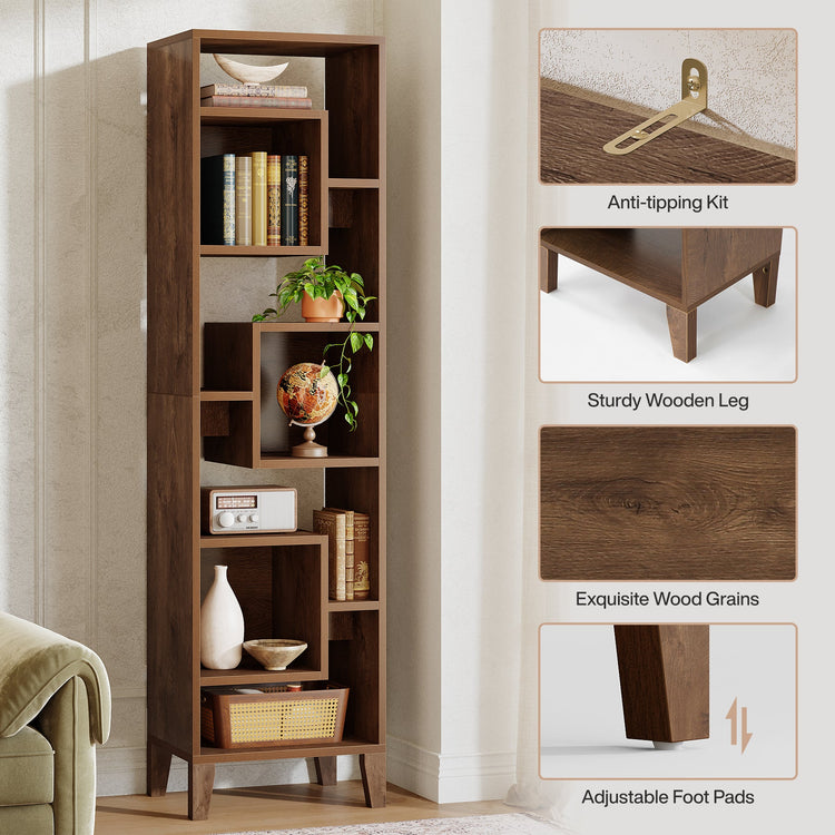 71" Narrow Bookshelf, 8-Tier Staggered Bookcase Etagere Display Shelf