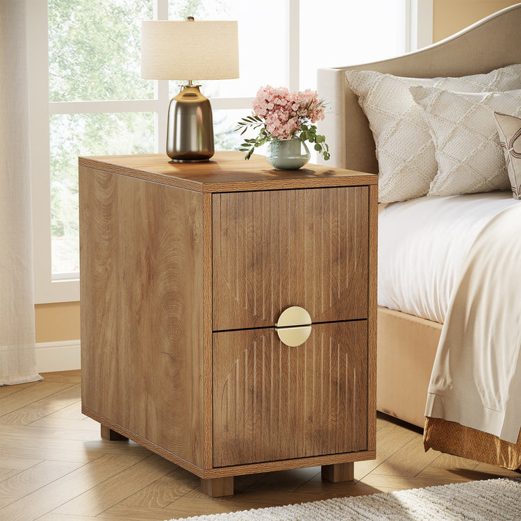 2-Drawer Nightstand, Narrow Bedside Table with Gold Metal Handle