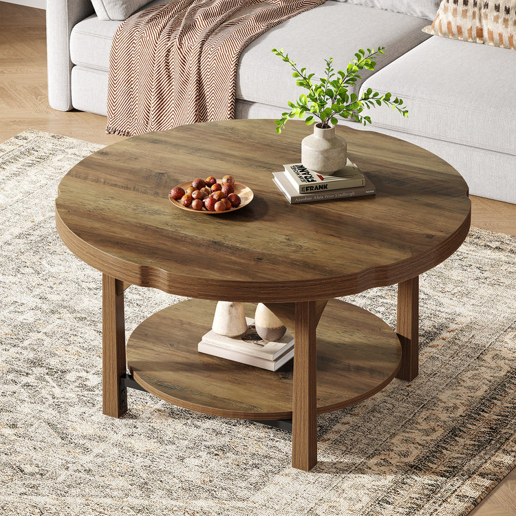 33.46" Round Coffee Table, 2-Tier Farmhouse Center Table with Storage Shelf