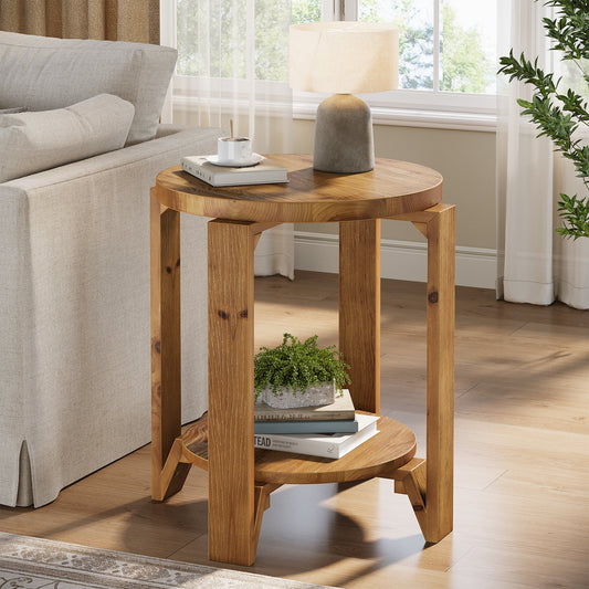 Solid Wood End Table, 2-Tier Round Sofa Side Table Nightstand with Storage