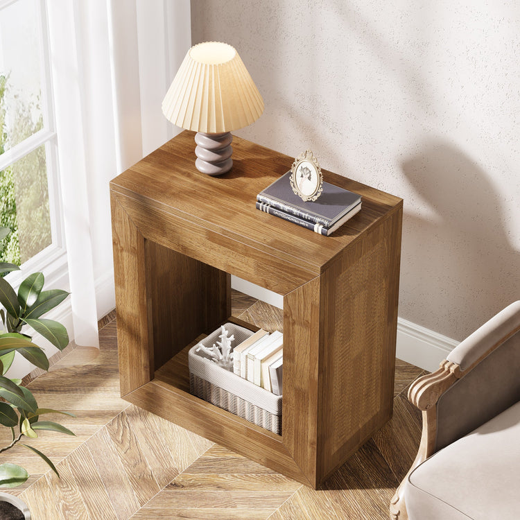 2-Tier End Table, Square Side Table Narrow Nightstand with Storage Shelf