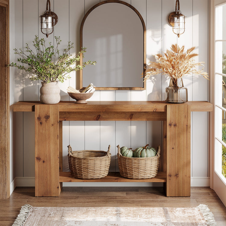 2-Tier Solid Wood Console Table, 63" Entryway Sofa Table with Storage