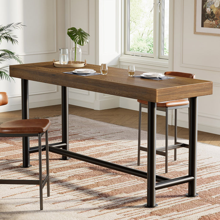 63" Solid Wood Bar Table, Rectangular Counter Height Pub Table with Metal Legs