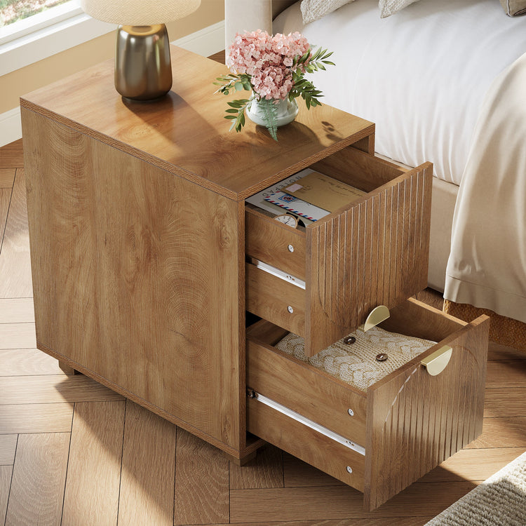 2-Drawer Nightstand, Narrow Bedside Table with Gold Metal Handle