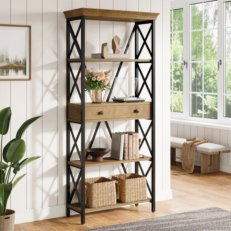 70.9" Bookshelf with Drawer, Industrial Bookcase with Open Shelf and Stable X Frame