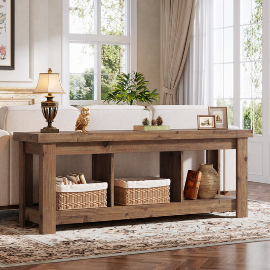 Solid Wood Console Table, 63" Sofa Entryway Table With 3 Open Shelves