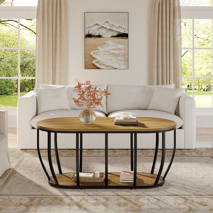 Oval Coffee Table, 47.2" Modern Center Cocktail Table with 2-Tier Storage