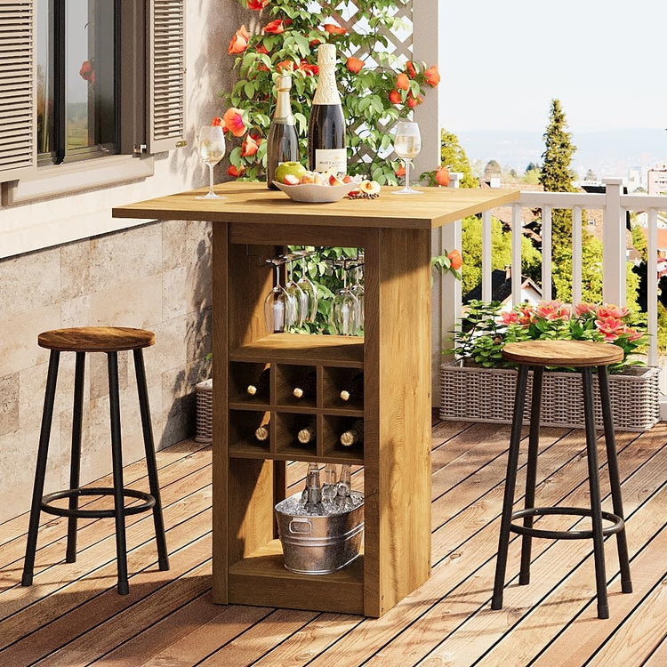 31.5" Square Bar Table, 4-Tier Counter Height Home Bar Unit with Glass Holders and Wine Racks