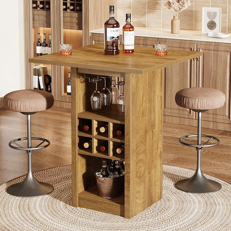 31.5" Square Bar Table, 4-Tier Counter Height Home Bar Unit with Glass Holders and Wine Racks