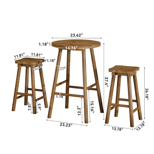 37.4" Round Bar Table, Solid Wood Bistro Sets Pub Table with 2 Barstools