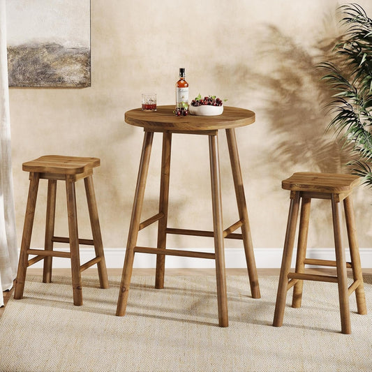37.4" Round Bar Table, Solid Wood Bistro Sets Pub Table with 2 Barstools