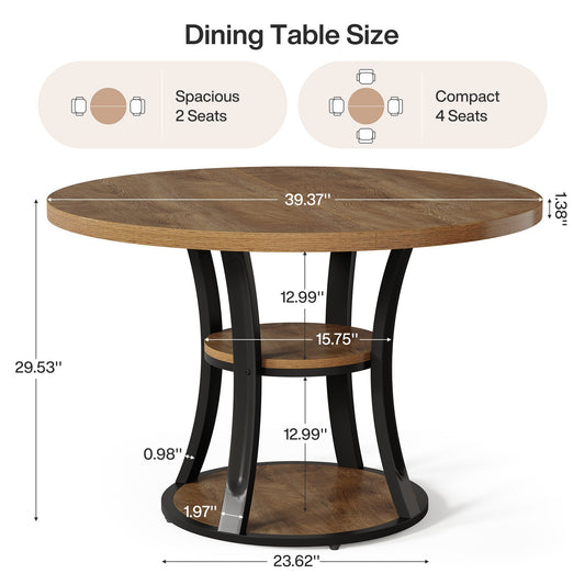 39.37" Round Dining Table, Farmhouse Kitchen Table with Storage for 4 People