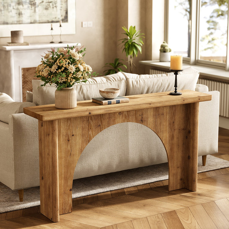 Solid Wood Console Table, 63" Entryway Sofa Table with Unique Arch Base