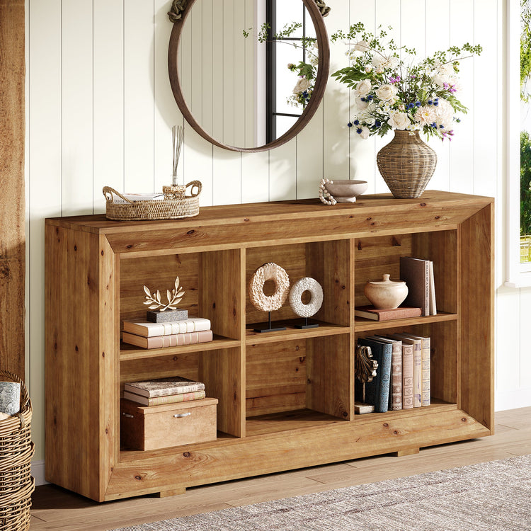 63" Solid Wood Console Table, Farmhouse Entryway Table with 6 Storage Cubes