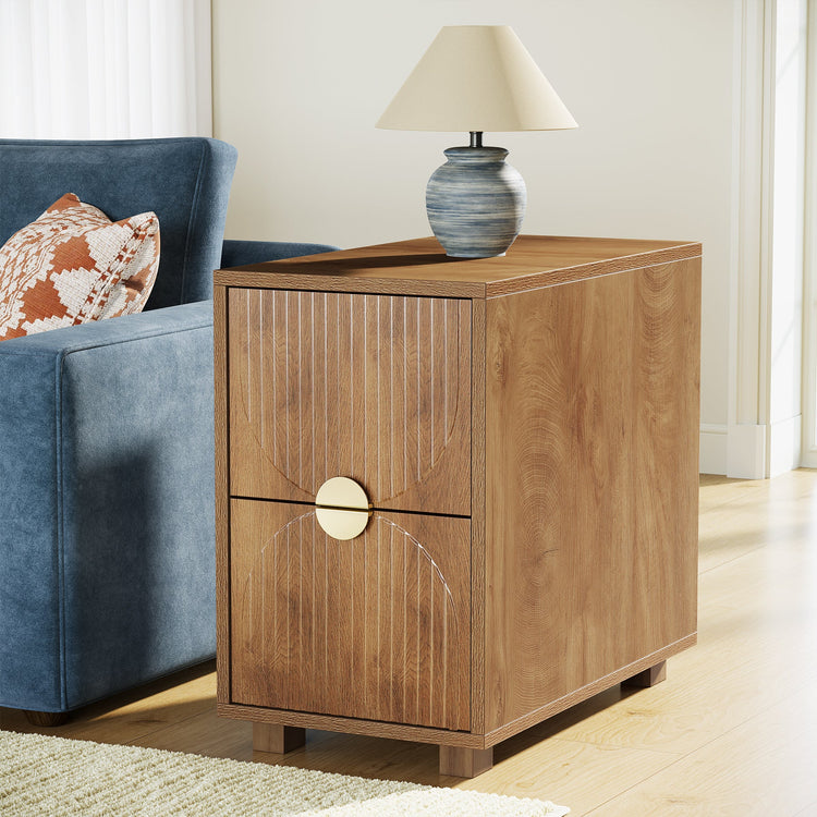 2-Drawer Nightstand, Narrow Bedside Table with Gold Metal Handle