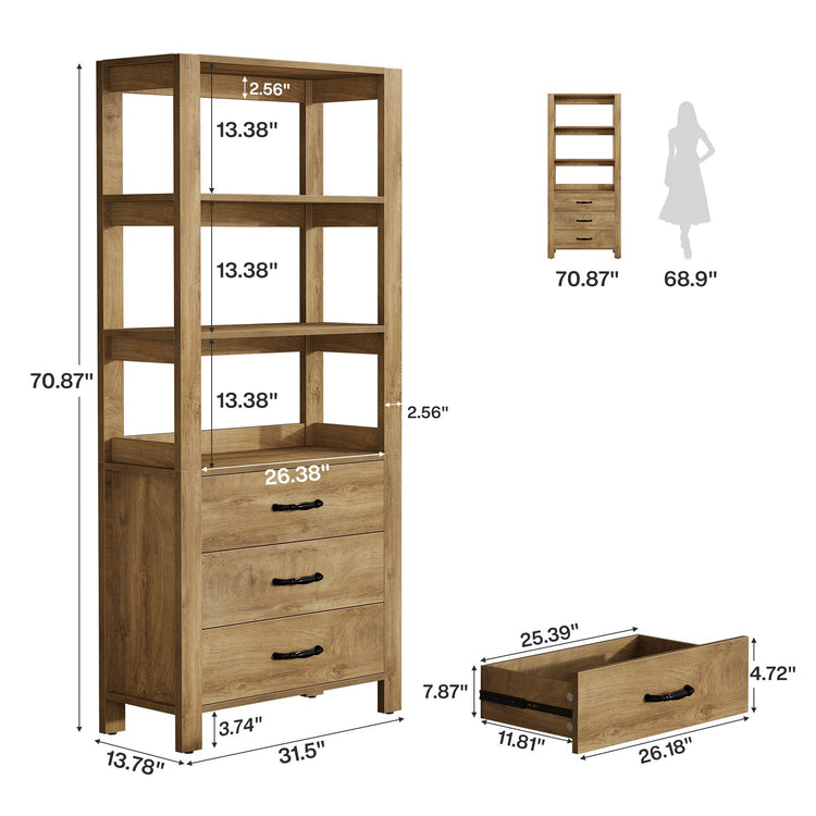 70.9" Bookshelf with Drawers, Modern Bookcase with 3-Tier Open Shelf