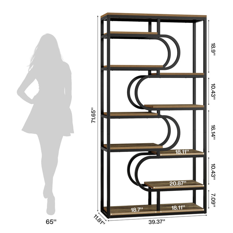 71" Bookshelf, Industrial Etagere Bookcase with Open Storage Shelves