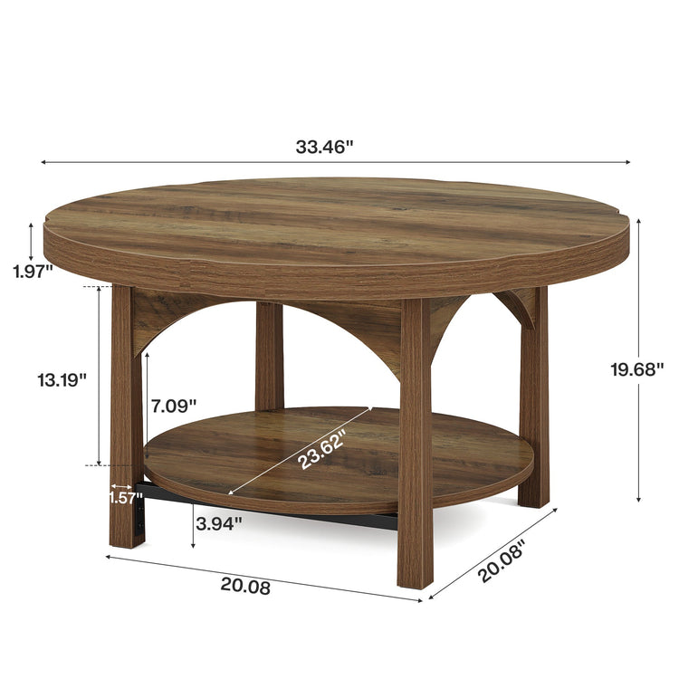 33.46" Round Coffee Table, 2-Tier Farmhouse Center Table with Storage Shelf