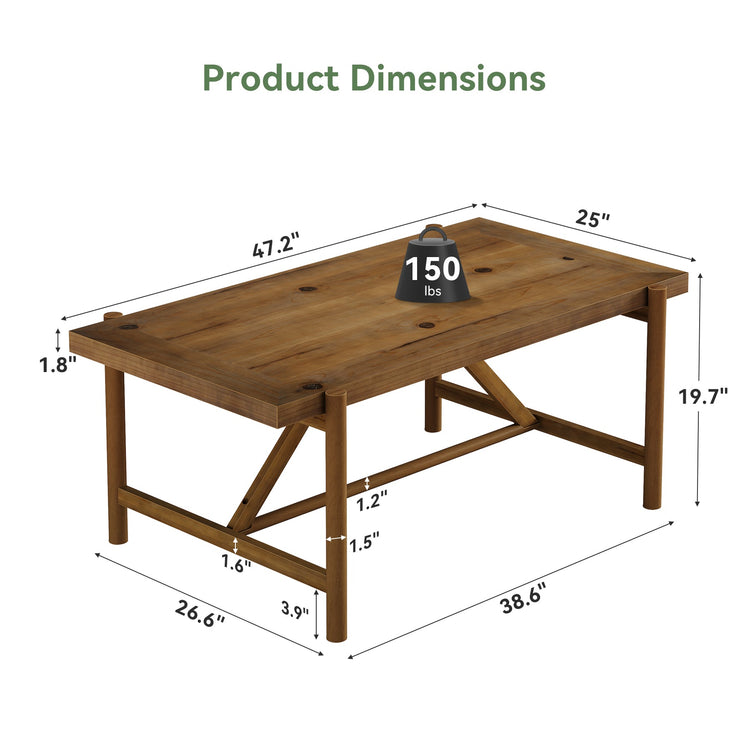 47" Solid Wood Coffee Table, Rectangular Center Tea Table with Column Legs