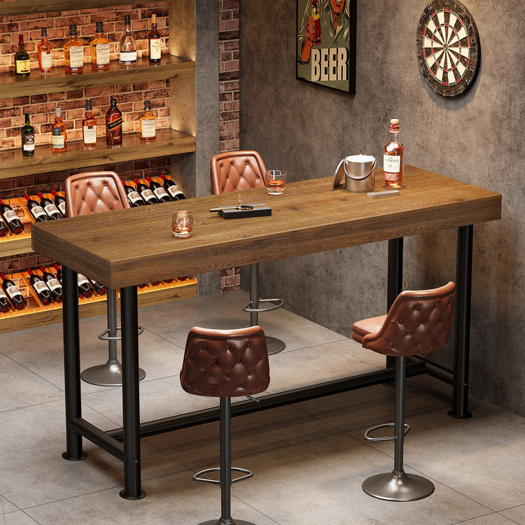 63" Solid Wood Bar Table, Rectangular Counter Height Pub Table with Metal Legs